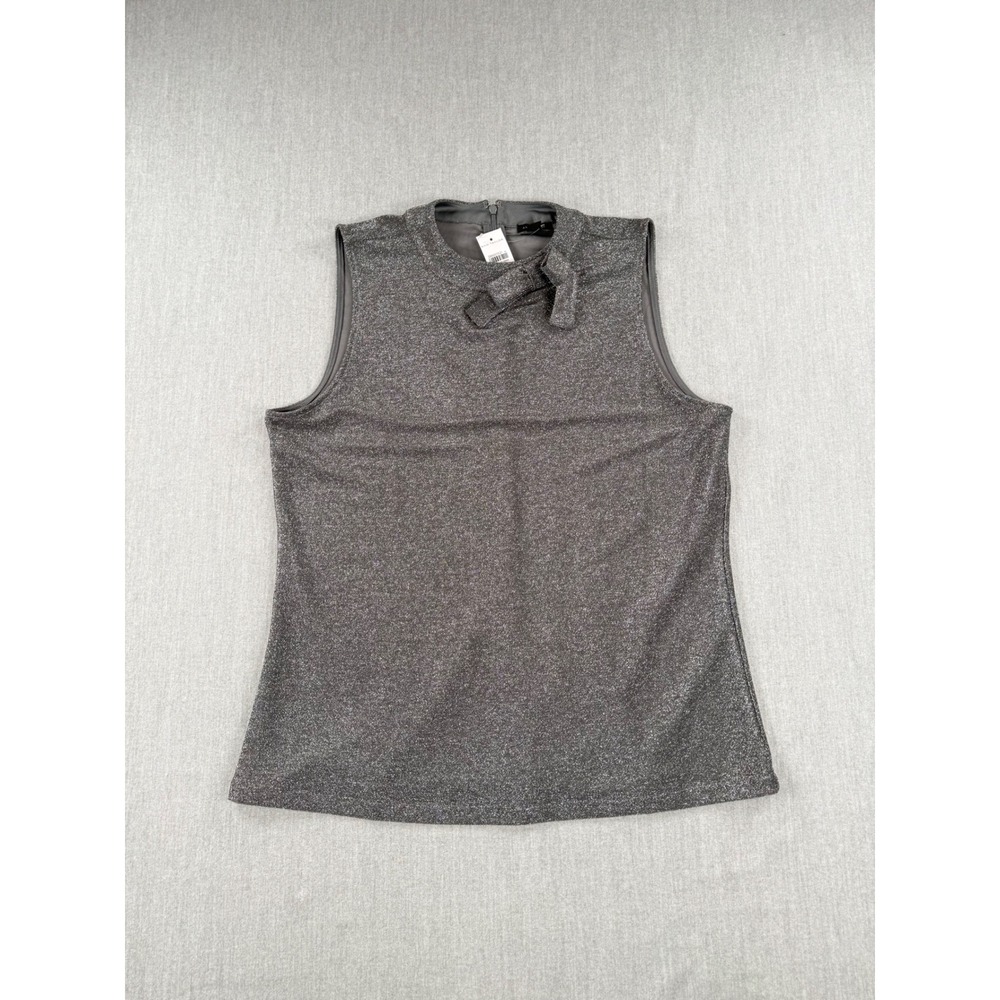 Ann Taylor Womens L Metallic Shimmer Bow Mock Neck Sleeveless Top Grey 28660521